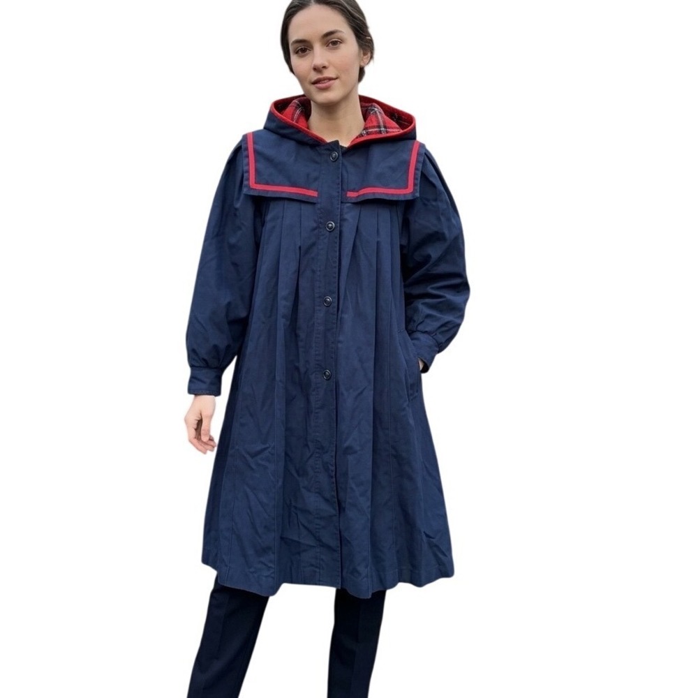 London Fog Vintage Navy Sailor Raincoat Red Plaid Hooded Trench Coat Womens 8